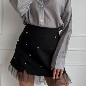 Commense • Beaded Tulle Trim A Line Skirt